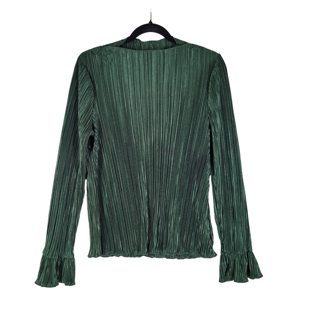 Cheanault Pleated Blouse Women Large Emerald Green  Bell Sleeve‎ High Neck Glam